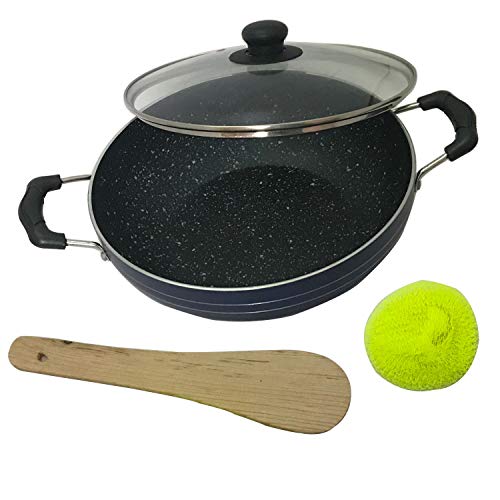  Induction Base Non-Stick Kadai With Glass Lid Non Stick Frying Wok Flat Bottom, Non Stick All Purpose Pan, Non-Stick Aluminium Kadhai Deep Fry Pan Non Stick 2.2 Litre