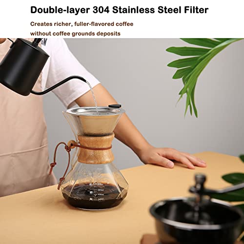  Pour Over Coffee Maker With Permanent Filter, 27oz Borosilicate Glass Coffee Carafe, Reusable Stainless Steel Filter And Modern Wooden Collar, Coffee Dripper Brewer, Hold 6 Cups
