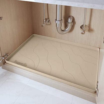  Premium Under Sink Mats For Kitchen Waterproof 34" X 22", Extra Thick Non-Slip Silicone Under Sink Liner Drip Tray, Raised Edge Under Sink Cabinet Mat,Prevent Drips, Leaks, Spills,Beige