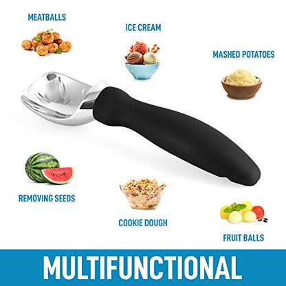  Ice Cream Scoop With Soft Easy Grip Handle - Ice Cream Scooper With Built-in Lid Opener - Heavy Duty Icecream Scoop With Non-Slip Handle For Soft & Hard Ice Cream (Black)