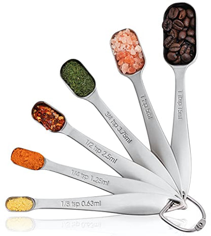  Heavy Duty Stainless Steel Measuring Spoons For Narrow Spice Jars With Slim Handles And Etched Markings & Removable Clasp, Perfect Measuing Spoons And Table Spoons