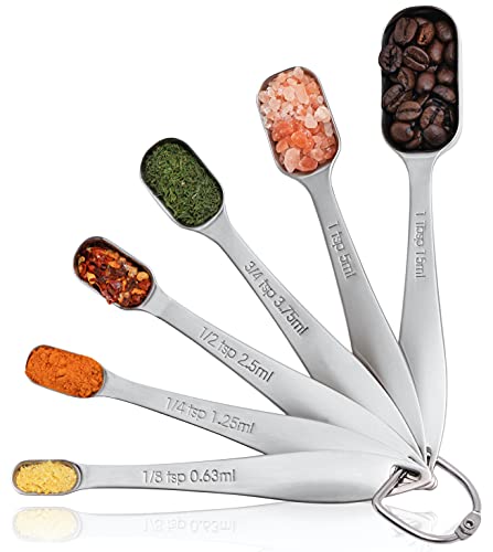  Heavy Duty Stainless Steel Measuring Spoons For Narrow Spice Jars With Slim Handles And Etched Markings & Removable Clasp, Perfect Measuing Spoons And Table Spoons