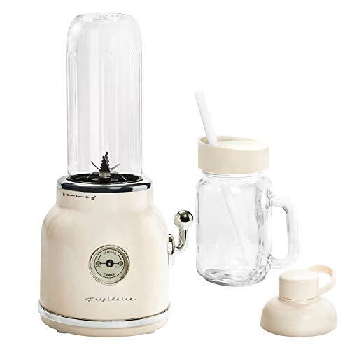 FRIGIDAIRE EFR756-CREAM EFR756, 2 Door Apartment Size Retro Refrigerator With Top Freezer, Chrome Handles, 7.5 Cu Ft, Cream & ESMM100-CREAM Retro Smoothie Maker Blender With Mason Jar, Cream