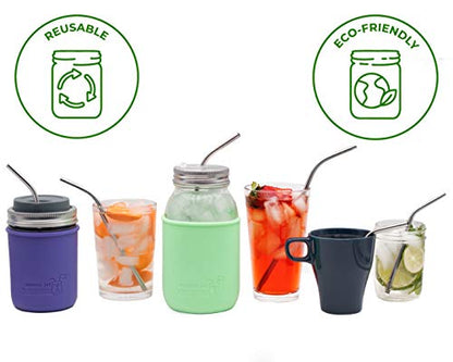  Combo Pack Thin Bent Stainless Steel Straws For Mason Jars (6 Pack + Cleaning Brush + Cloth Bag)