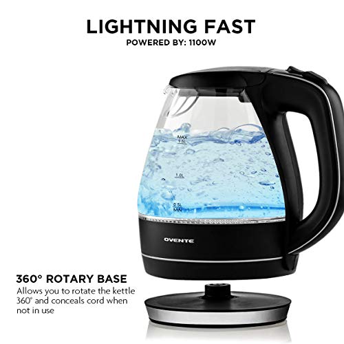  Vente Portable Electric Glass Kettle 1.5 Liter With Blue LED Light And Stainless Steel Base, Fast Heating Countertop Tea Maker Hot Water Boiler With Auto Shut-Off & Boil Dry Protection (Black)