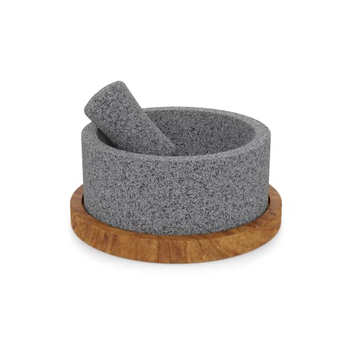  Lava Stone Mortar And Pestle/Molcajete"Chilmamolli" With Wooden Base, Elegant Design, Mexican Molcajete For Guacamole And Sauces (8 Inches)