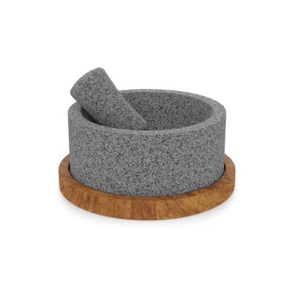  Lava Stone Mortar And Pestle/Molcajete"Chilmamolli" With Wooden Base, Elegant Design, Mexican Molcajete For Guacamole And Sauces (8 Inches)