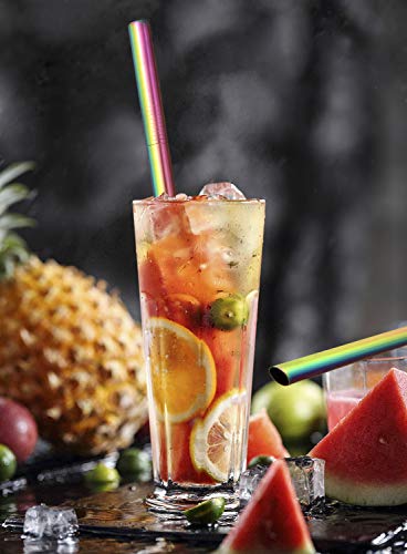  5 Pcs 10" Reusable Boba Straws & Smoothie Straws - Rainbow Colors & Angled Tips, 0.5" Wide Stainless Steel Straws, Metal Straws For Bubble Tea, Milkshakes, Jumbo Drinks | 2 Cleanning Brushes & 1 Case