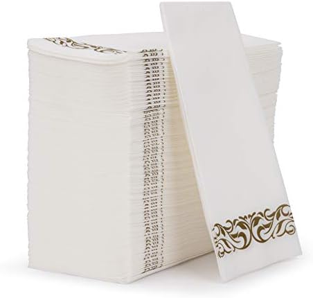  Decorative Hand Towels, Gold Flower 100pcs, Disposable Linen-Feel Guest Towels – Formal Dinner, Anniversary, And Wedding Napkins For Tables, Guestrooms, And Restrooms - 8.5 X 4 -Inches Folded By Fete,