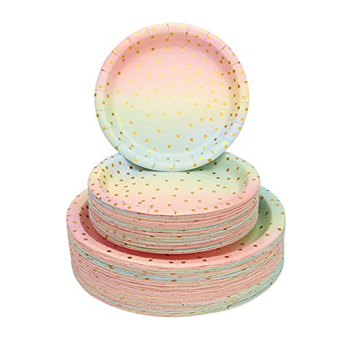  Disposable Paper Party Dinnerware Set For Birthday Baby Shower Wedding Rainbow Party,Serves For 25 (Pink Gold)