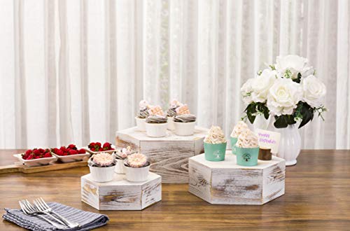  Shabby Whitewashed Wood Hexagonal Display Riser Stands For Cakes, Cupcakes, Desserts And Merchandise, Set Of 3