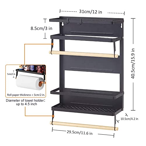  XIAPIA Magnetic Fridge Organizer Spice Rack With Paper Towel Holder And 5 Extra Hooks | 3 Tier Magnet Refrigerator Shelf In Kitchen Holds Up To 45 LBS | 16x12x4 Inch Black