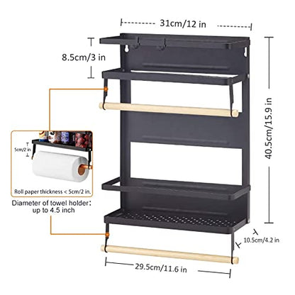  XIAPIA Magnetic Fridge Organizer Spice Rack With Paper Towel Holder And 5 Extra Hooks | 3 Tier Magnet Refrigerator Shelf In Kitchen Holds Up To 45 LBS | 16x12x4 Inch Black