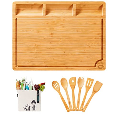  Extra Large Bamboo Cutting Board-Wood Cutting Board Set For Kitchen Chopping Board For Meat (Butcher Block) W/Juice Groove & Compartment & Handles W/6 Utensils &1 Canvas Bag L17"X13"