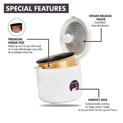  Rice Cooker & Steamer With Keep-Warm Function - 5 Cups Uncooked Rice - Ceramic Coating Incl. Steamer Insert - For 1-6 People