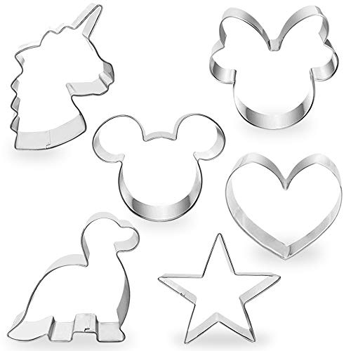  Cookie Cutters 4" To 3" Set Of 6 Mickey & Minnie Mouse Unicorn Dinosaur Heart Star Hot Biscuit Cake Fondant Pancake Cutter Mold For Kids Children Holiday Celebration Birthday Party