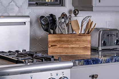  Utensil Holder In Rustic Wood For Farmhouse Kitchen Decor, Countertop Organizer And Cooking Tools Storage (Triple)
