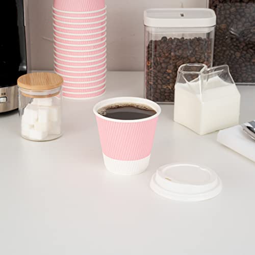  12 Oz Light Pink Paper Ripple Wall Coffee Cup - With White Lid - 3 1/2" X 3 1/2" X 5" - 20 Count Box