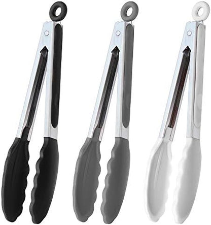  9-Inch Stainless Steel Cooking Tongs With Silicone Tips, Set Of 3 (Black)