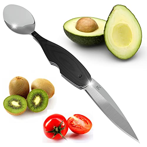  Sharp Folding Fruit Knife Spoon Combo Blade 3.5" Avocado Slicer Kiwi Cutter Travel Camping Utensils Stainless Steel Kitchen Vegetable