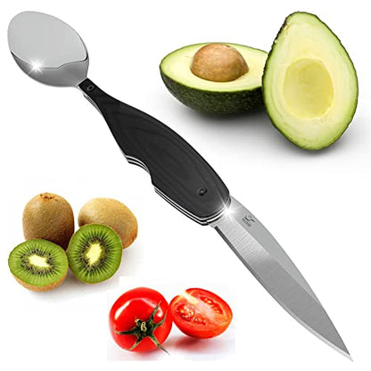  Sharp Folding Fruit Knife Spoon Combo Blade 3.5" Avocado Slicer Kiwi Cutter Travel Camping Utensils Stainless Steel Kitchen Vegetable