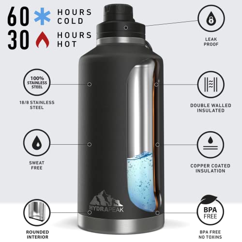  72 Oz Insulated Water Bottle - Large Stainless Steel Double Wall Vacuum Insulated Water Jug, Leak Proof & Spill Proof | 60 Hours Cold, 30 Hours Hot (Black)