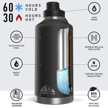  72 Oz Insulated Water Bottle - Large Stainless Steel Double Wall Vacuum Insulated Water Jug, Leak Proof & Spill Proof | 60 Hours Cold, 30 Hours Hot (Black)