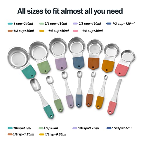  Agnetic Measuring Cups And Spoons Set, Stainless Steel Metal Stackable Nesting Measure Cups,Teaspoon, Tablespoon, 14 Pcs Silicone Handle Kitchen Cooking & Baking Tools, 7 Cups & 6 Spoons &1 Leveler