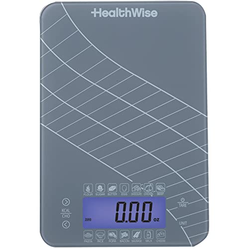  Digital Kitchen Food Scale With Calorie & Carb Calculator Tempered Glass | Precision Measurements | Unit Conversions: Oz, Lbs, G, Ml | 14 Pre-Set Foods, Gray (59-106)