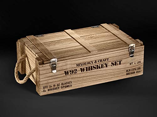  Whiskey Stones Gift Set For Men | Whiskey Glass And Stones Set With Wooden Army Crate, 8 Granite Whiskey Rocks Chilling Stones And 10oz Whiskey Glasses | Whiskey Gift For Men, Dad, Husband, Boyfriend