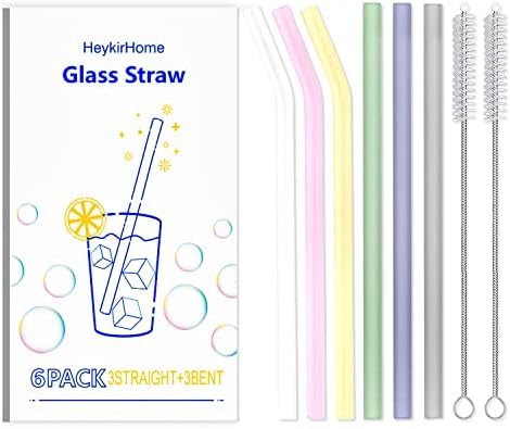  6-Pack Reusable Glass Straw-Transparent,Size 8''x10 MM,Including 3 Straight And 3 Bent With 2 Cleaning Brush- Perfect For Smoothies, Tea, Juice-Clear