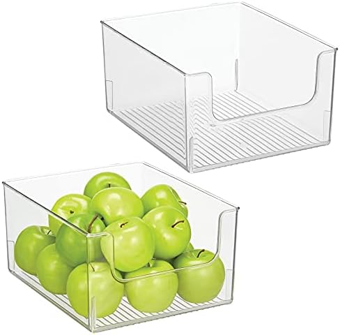  Modern Wide Plastic Open Front Dip Storage Organizer Bin Basket For Kitchen Organization - Shelf, Cupboard, Cabinet, And Pantry Organizing Decor - Ligne Collection - 2 Pack - Clear