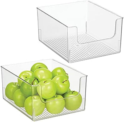 Modern Wide Plastic Open Front Dip Storage Organizer Bin Basket For Kitchen Organization - Shelf, Cupboard, Cabinet, And Pantry Organizing Decor - Ligne Collection - 2 Pack - Clear
