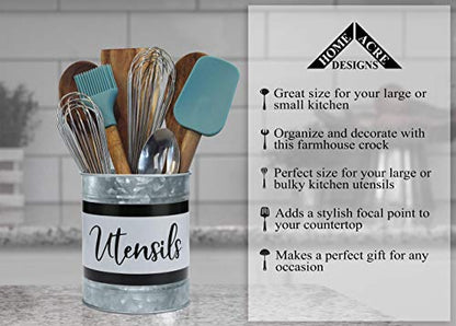  Kitchen Utensil Holder - Farmhouse Crock For Countertop Utensils, Black & White