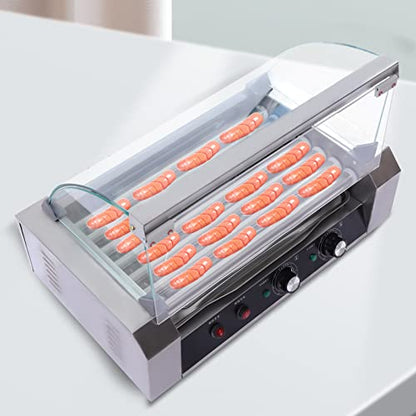  110V Commercial Hot Dog Machine, Stainless Steel Electric 18 Hot Dog 7 Roller Cooker Machine With Detachable Glass Cover, 360° Even Rotation Hot Dog Maker