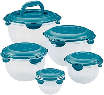  Leak-Proof Nestable Container Food Storage Bin Set, 10-Piece Round, Teal Lid