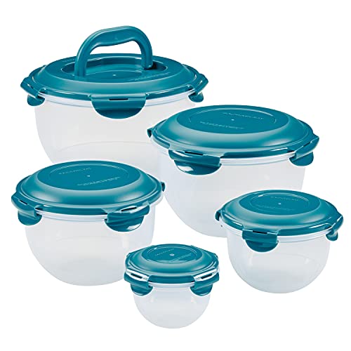  Leak-Proof Nestable Container Food Storage Bin Set, 10-Piece Round, Teal Lid