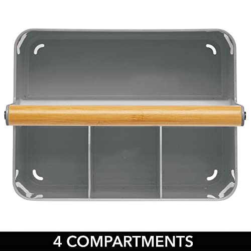  MDesign Plastic Portable Storage Organizer Kitchen Caddy Tote, Divided Bin With Wood Handle For Napkins, Silverware, Forks, Knives, Spoons - Store In Cabinets, Countertops - Charcoal Gray/Natural