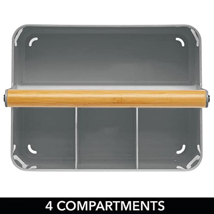  MDesign Plastic Portable Storage Organizer Kitchen Caddy Tote, Divided Bin With Wood Handle For Napkins, Silverware, Forks, Knives, Spoons - Store In Cabinets, Countertops - Charcoal Gray/Natural