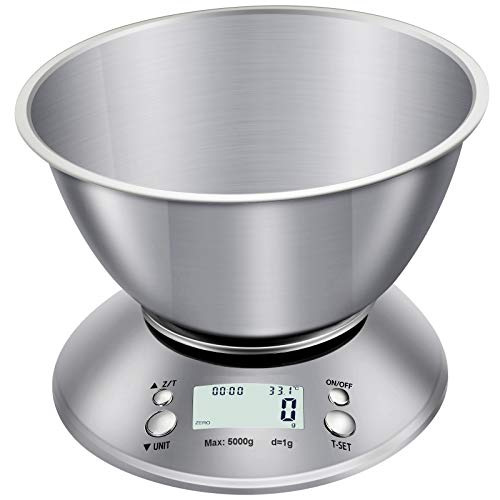  Food Scale With Bowl, Digital Kitchen Weight For Cooking, Baking And Dieting,11lb/5kg, LCD Display, 5kg, Silver