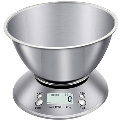  Food Scale With Bowl, Digital Kitchen Weight For Cooking, Baking And Dieting,11lb/5kg, LCD Display, 5kg, Silver