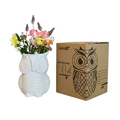  Multi-Purpose Ceramic Owl, Functions As Cooking Utensil Holder, Kitchen Storage Crock, Accent Décor, Organizer, Vase And More (Ceramic White)