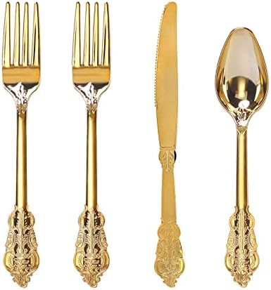  180 Pieces Disposable Plastic Gold Silverware Cutlery - Plastic Flatware Set 60 Forks, 60 Knives And 60 Spoons - Heavy Duty Gold Plastic Cutlery - Gold Utensils For Party, Wedding,Birthday