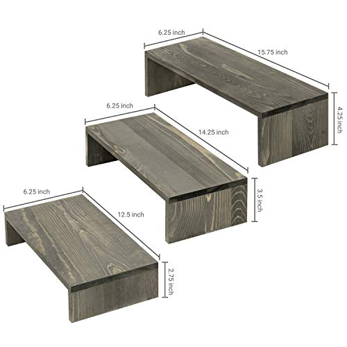  MyGift Rustic Wooden Display Stands, Set Of 3 - Vintage Gray Solid Wood Nesting Retail Riser Stands For Desserts, Collectibles And Figurines