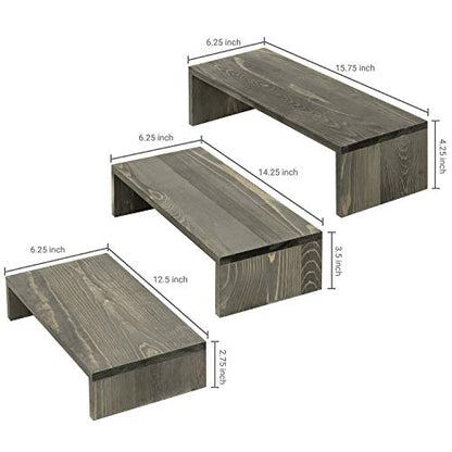  MyGift Rustic Wooden Display Stands, Set Of 3 - Vintage Gray Solid Wood Nesting Retail Riser Stands For Desserts, Collectibles And Figurines