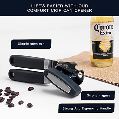  Can Opener Manual With Magnet,Hand Held Can Opener Smooth Edge,Strong Good Grips Safety Can Opener Heavy Duty For Safe Cut,Handheld Manual Can Opener With Sharp Cutting Wheel,Black