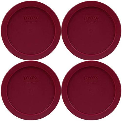 Pyrex 7201-PC Sangria Dark Red Burgundy Round Plastic Food Storage Replacement Lid, Made In USA - 4 Pack