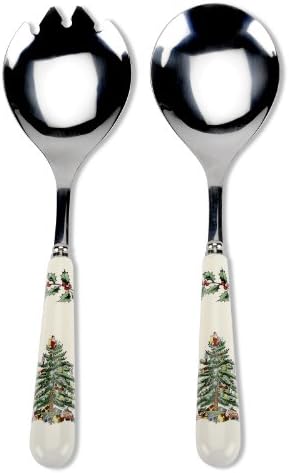 Spode Christmas Tree Collection 3-Piece Cutlery Set, Stainless Steel, Porcelain Handle, Hostess Flatware Serving Set, Holiday Silverware, Meat Fork, Serving Spoon, And Slotted Spoon
