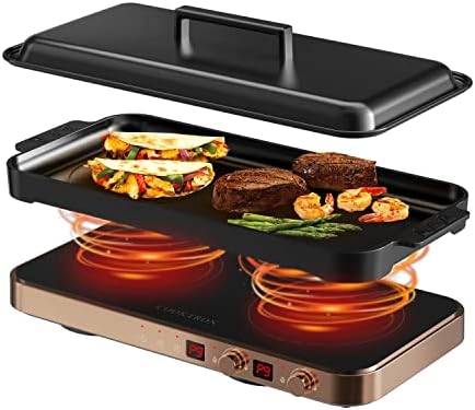  Portable Induction Cooktop 2 Burner With Removable Iron Cast Griddle Pan Non-stick, 1800W Double Induction Cooktop With Child Safety Lock & Time, Great For Family Party