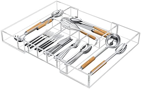  Expandable Kitchen Drawer Organizer For Flatware And Utensils,Clear Acrylic Adjustable Silverware Tray For Drawer,Office,Bathroom Supplies-9 Compartments